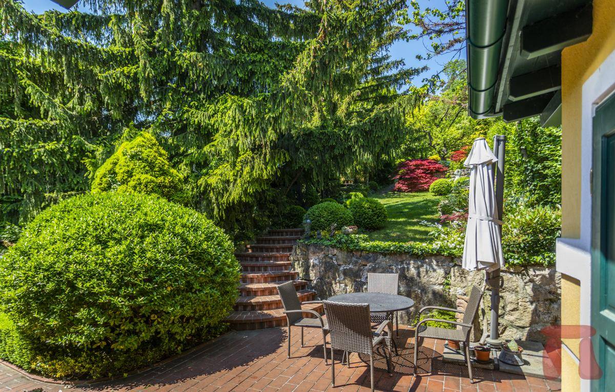 Gemütliche Gartenterrasse mit Sitzgelegenheiten, umgeben von üppigem Grün und Bäumen.