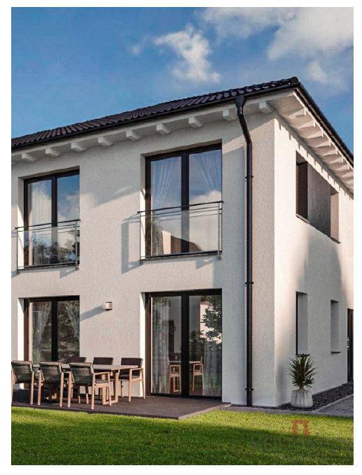 Moderne Hausfassade mit großer Terrasse, Gartenmöbeln und französischen Balkonen.
