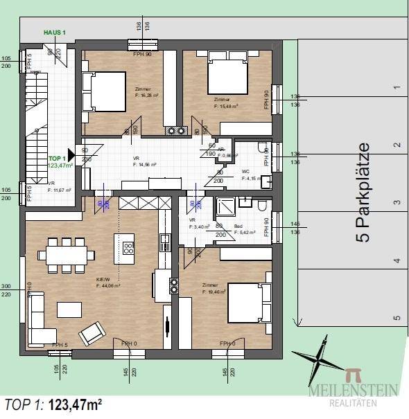 Detaillierter Grundriss der Wohneinheit mit Raumaufteilung und Parkplätzen.