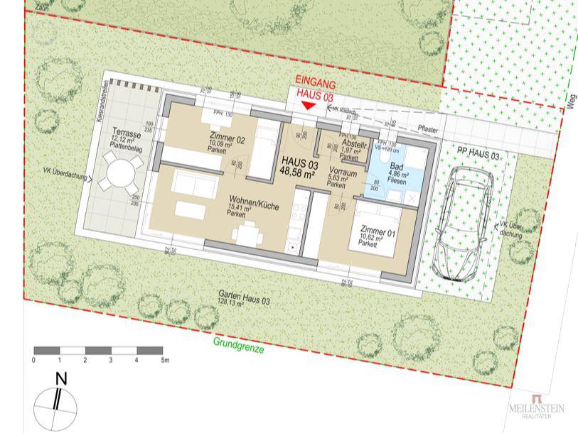 Detaillierter Grundriss von Haus 03 mit Wohnküche, zwei Zimmern und Terrasse.