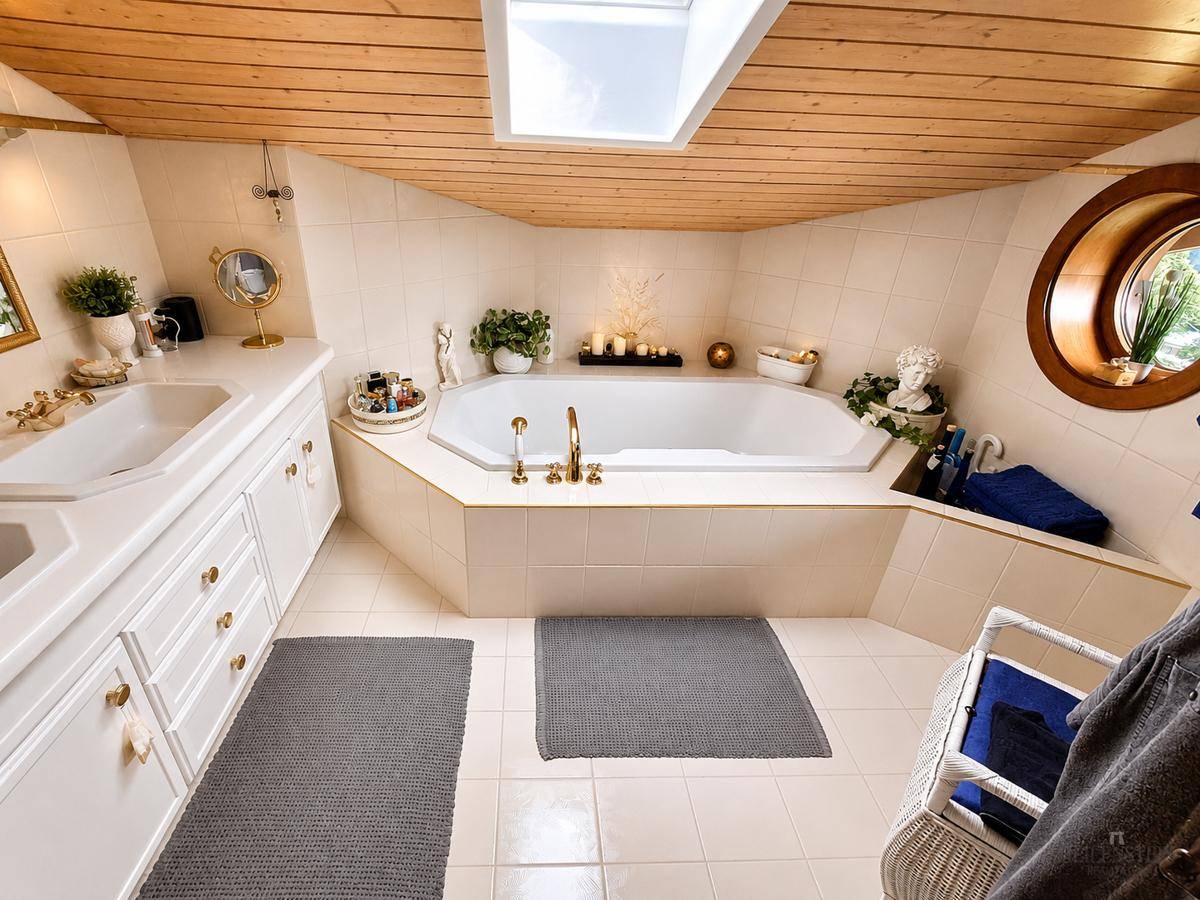 Helles Badezimmer mit Eckbadewanne, Holzdecke und Dachfenster im Landhausstil.