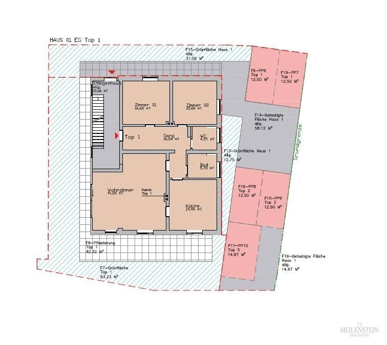 Grundriss des Erdgeschosses zeigt eine Wohnung mit Wohnzimmer, Küche, zwei Schlafzimmern und Gartenanteil.