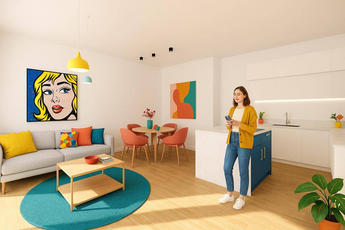 Helles, modernes Wohnzimmer mit Pop-Art