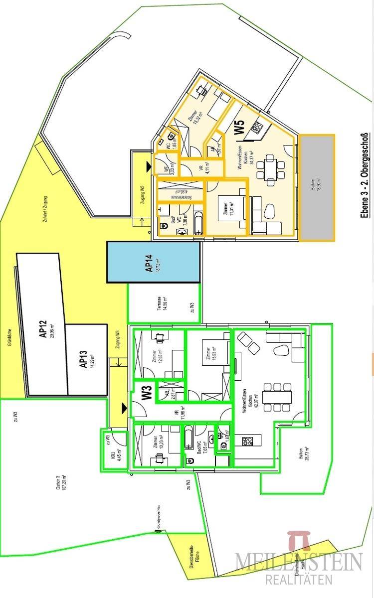 Grundriss des Obergeschosses mit zwei Wohneinheiten, Balkonen, Bädern und offenem Wohnbereich.