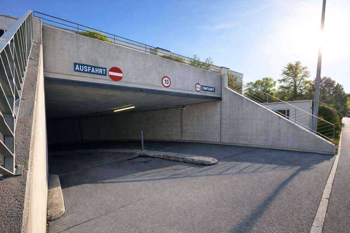 Betonierte Einfahrt zur Tiefgarage eines Wohngebäudes mit klaren Hinweisschildern und Sonnenschein.