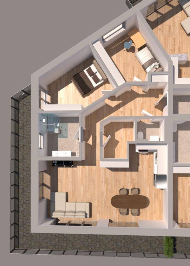 3D-Grundriss einer Wohnung mit offenem Wohnbereich, Schlafzimmern und Terrasse.