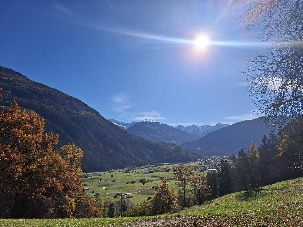 Idyllische weite Talansicht mit grünen Feldern, Bäumen und schneebedeckten Bergen unter strahlendem Himmel.