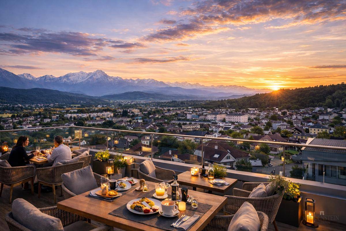 Spektakuläre Terrasse mit Esstischen, Bergblick und Sonnenuntergang über der Stadt.