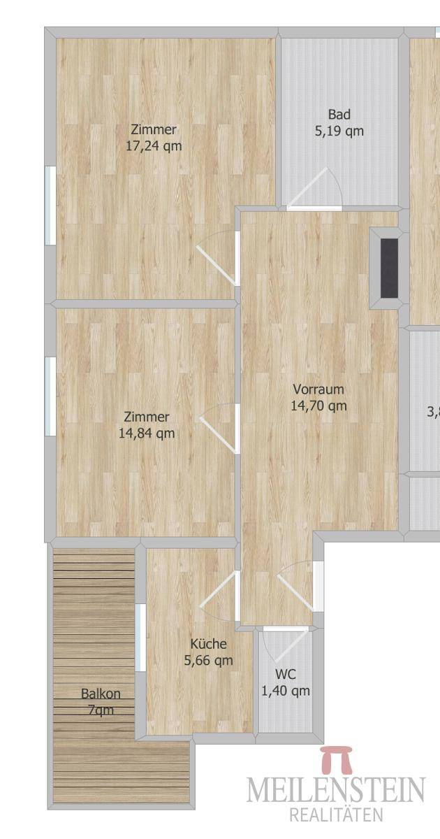 Grundriss einer Wohnung mit zwei Zimmern, Bad, Vorraum, Küche und Balkon.