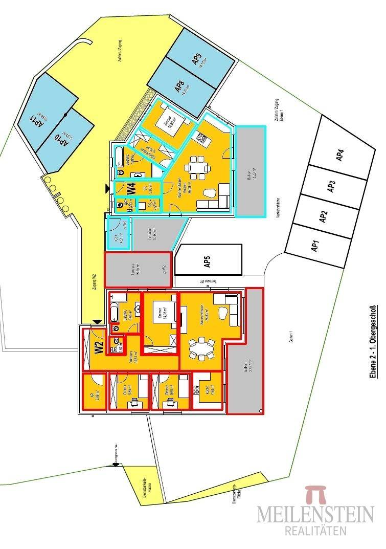 Grundriss des ersten Obergeschosses mit zwei Wohneinheiten, Balkonen und Parkplätzen.