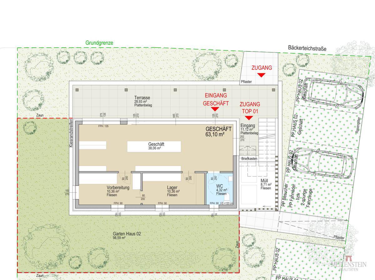 Grundriss des Erdgeschosses mit Geschäftsflächen, Lager, WC und einer großen Terrasse sowie Parkplätzen.