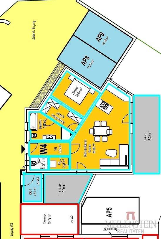 Grundriss der Wohnung W4 mit offenem Wohn-Essbereich, einem Schlafzimmer und Balkon.