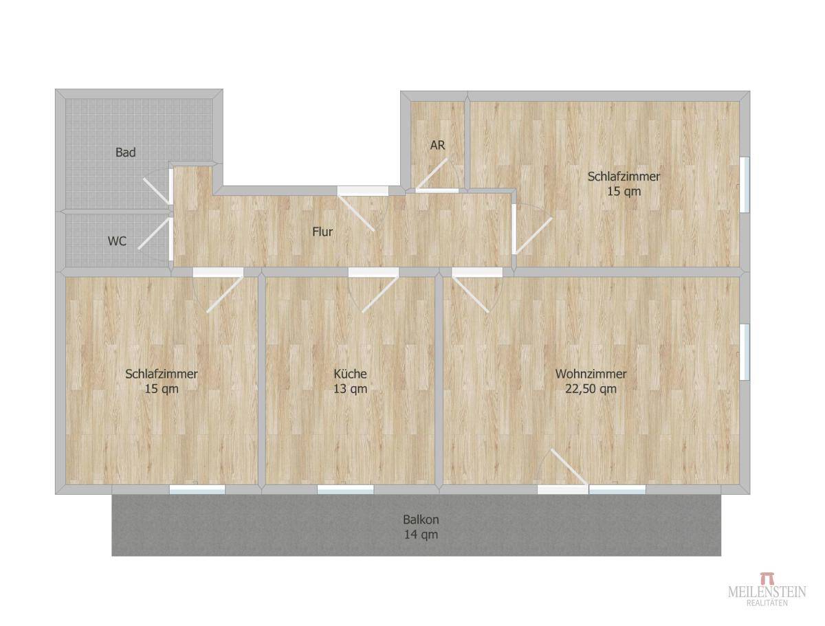Grundriss einer Wohnung mit zwei Schlafzimmern, Wohnzimmer, Küche, Bad, separatem WC und Balkon.