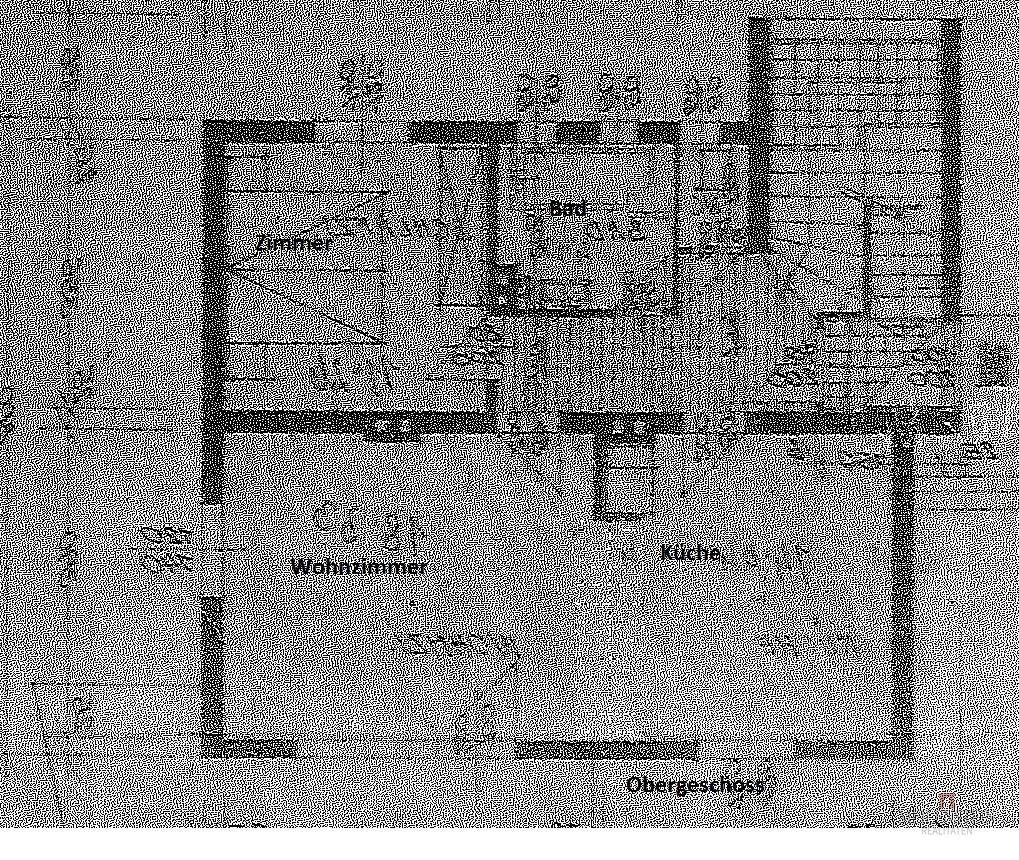 Grundriss des Obergeschosses mit Wohnzimmer, Küche, Bad und einem weiteren Zimmer.