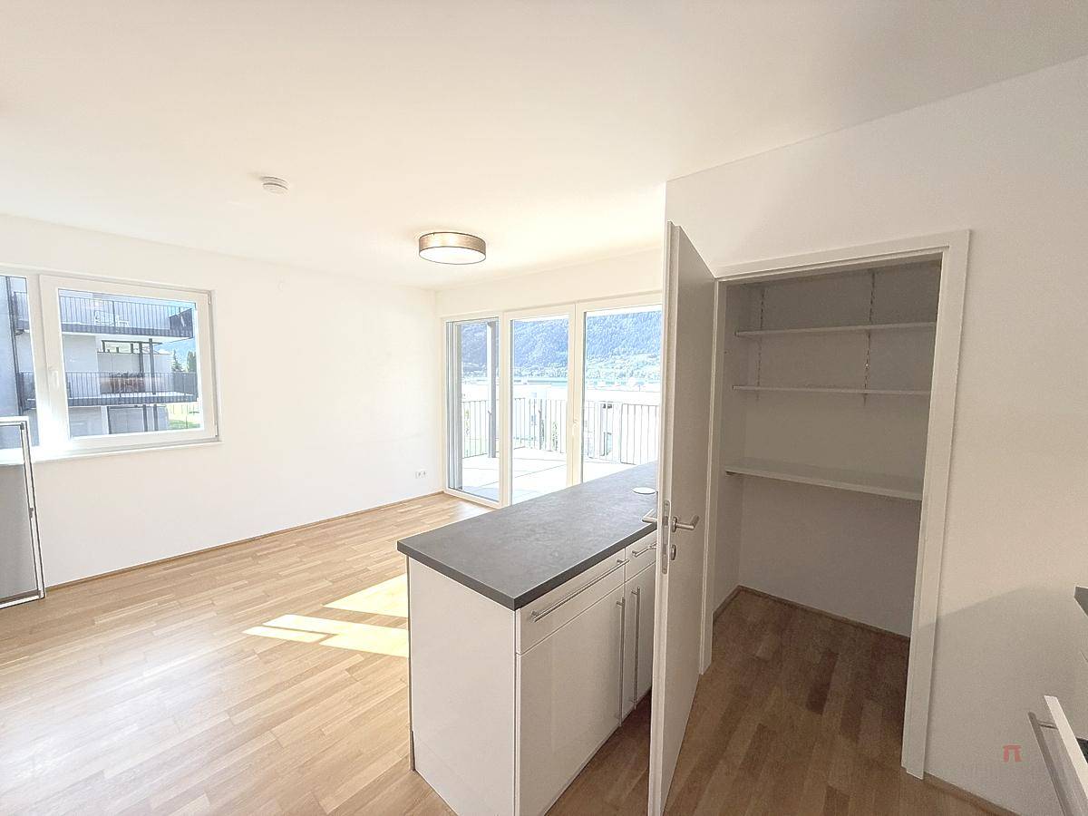 Offener Wohnbereich mit integrierter Küche und praktischer Speisekammer für zusätzlichen Stauraum.