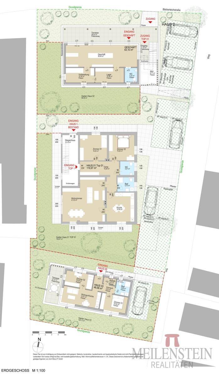 Übersichtsplan mit drei verschiedenen Hausgrundrissen und zugehörigen Außenbereichen.