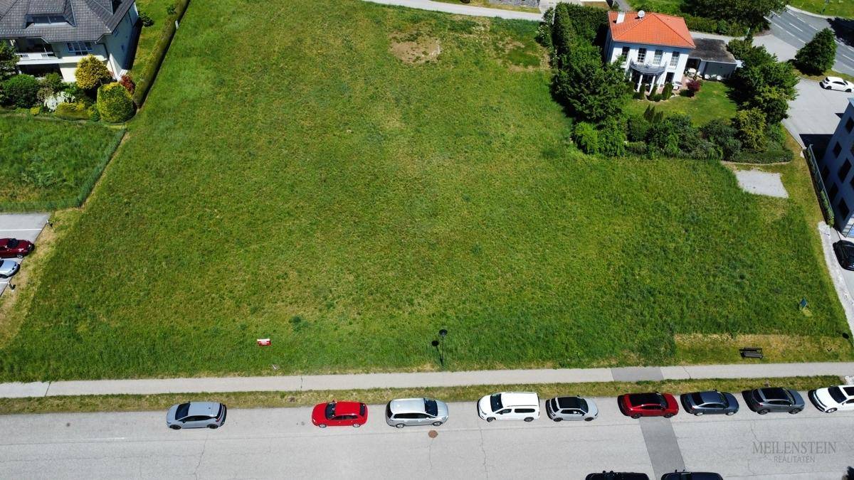 Nahaufnahme eines weitläufigen grünen Grundstücks mit geparkten Autos entlang der Straße und einem traditionellen Haus im Hintergrund.