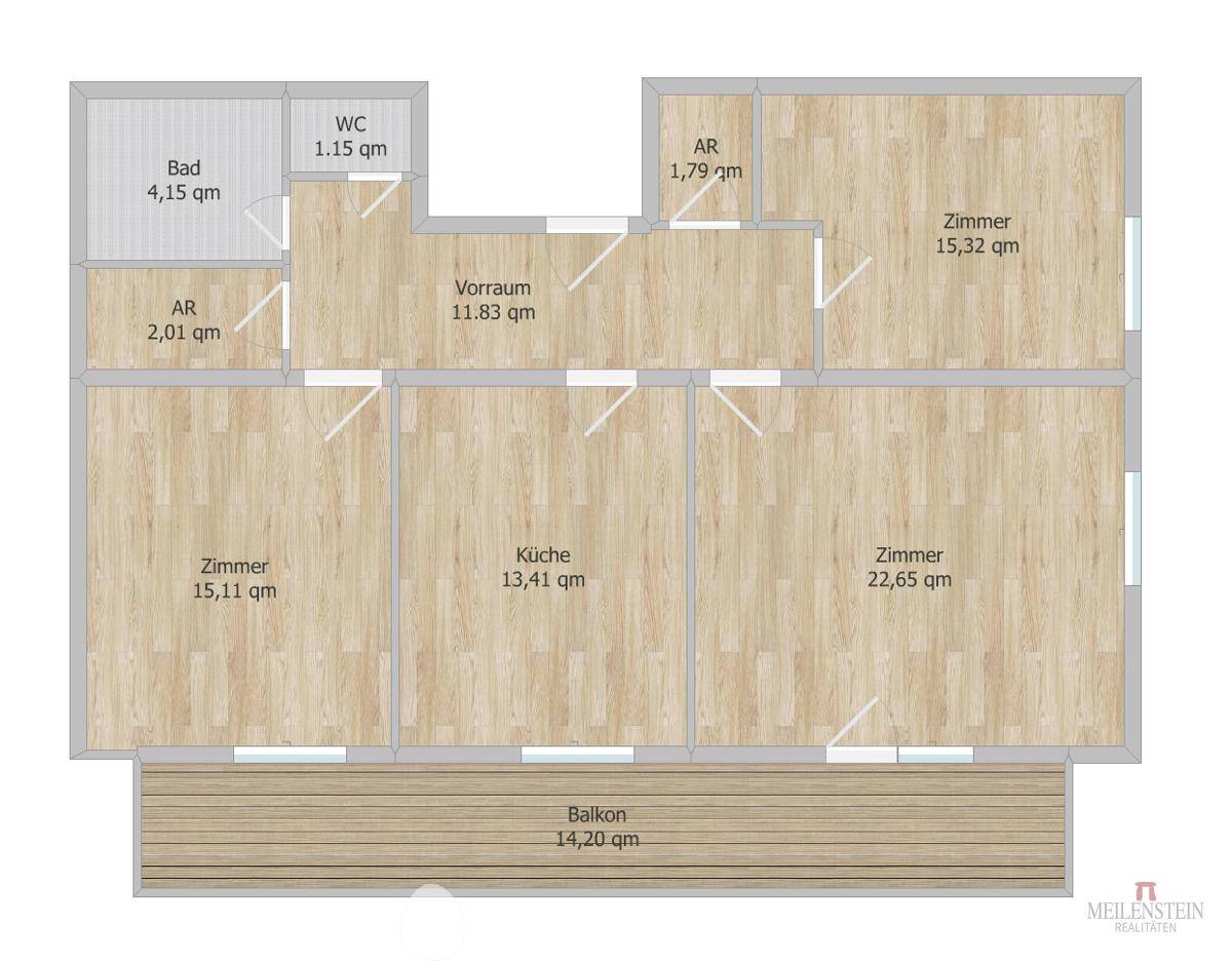 Grundriss einer Wohnung mit mehreren Zimmern, Küche, Bad, WC und großem Balkon.