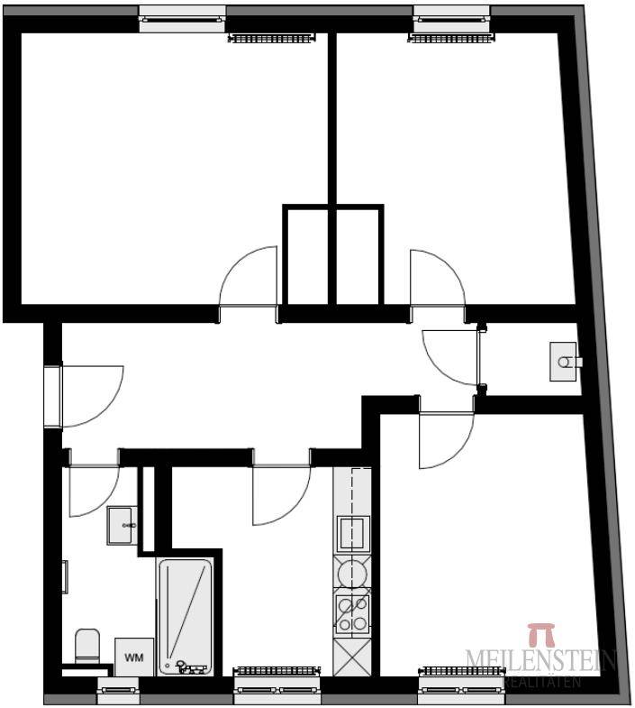 Grundrissplan einer Wohnung mit Bad, Küche und zwei Zimmern.