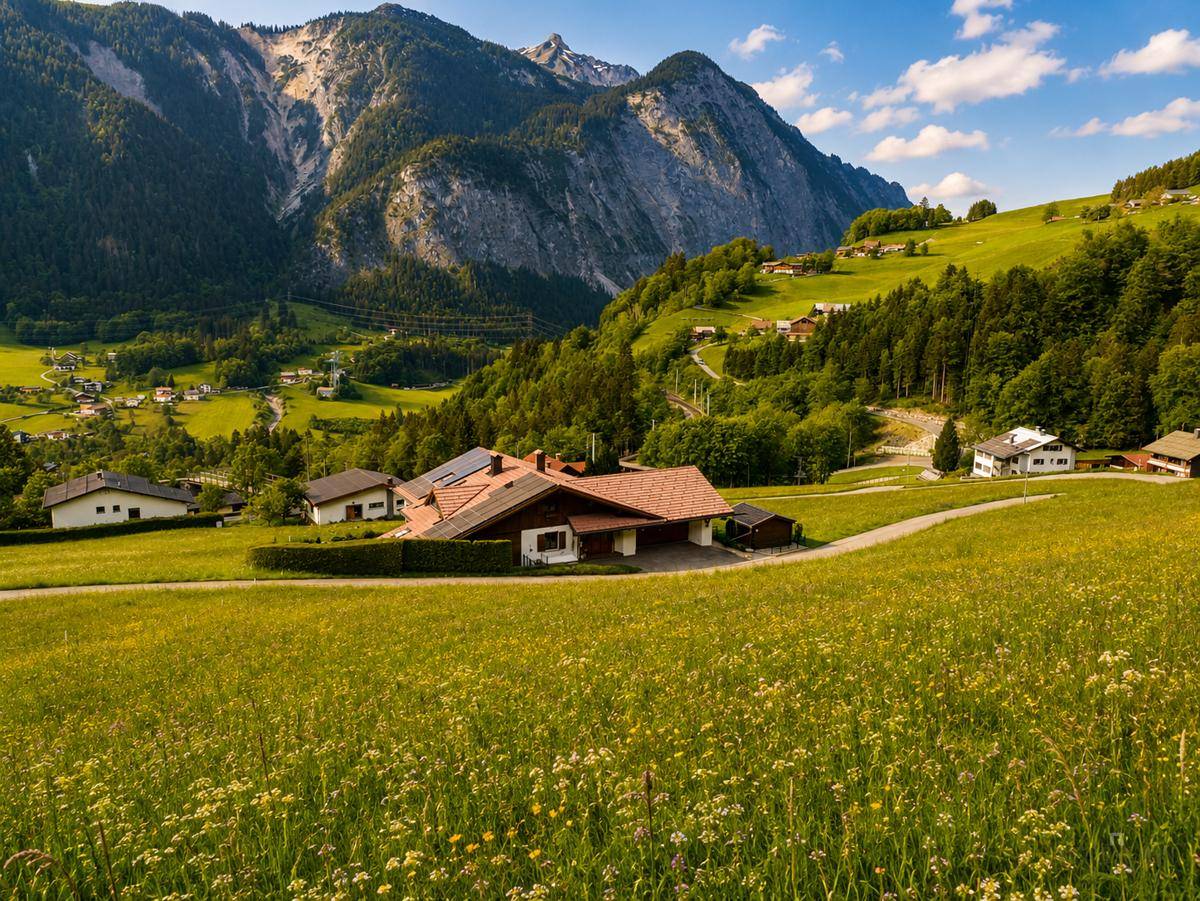 Weitläufige alpine Landschaft mit einem Haus in der Ferne, umgeben von grünen Wiesen und hohen Bergen.