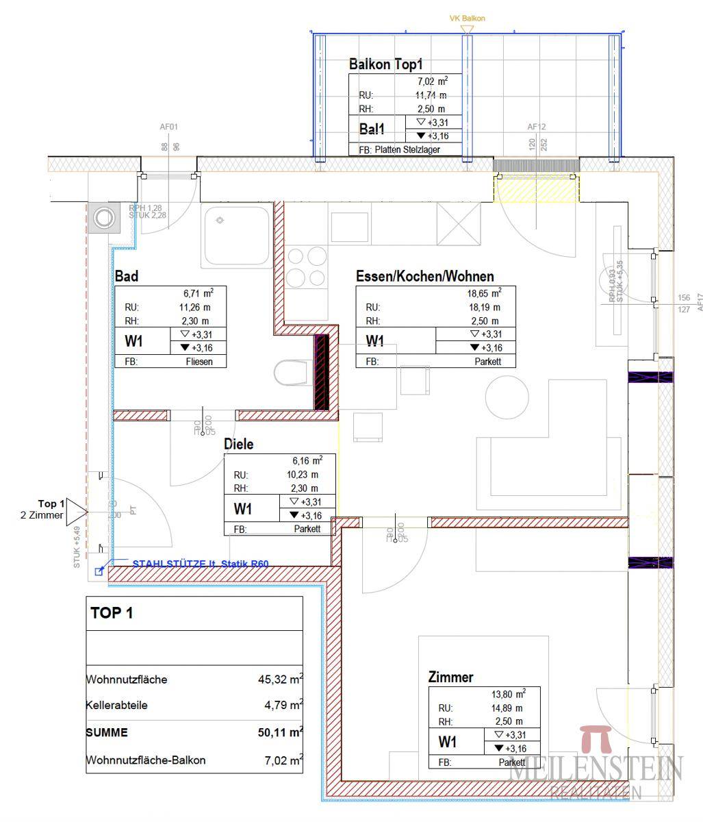 Detaillierter Grundriss der Wohnung Top 1 mit Balkon, Bad und offenem Wohnbereich.