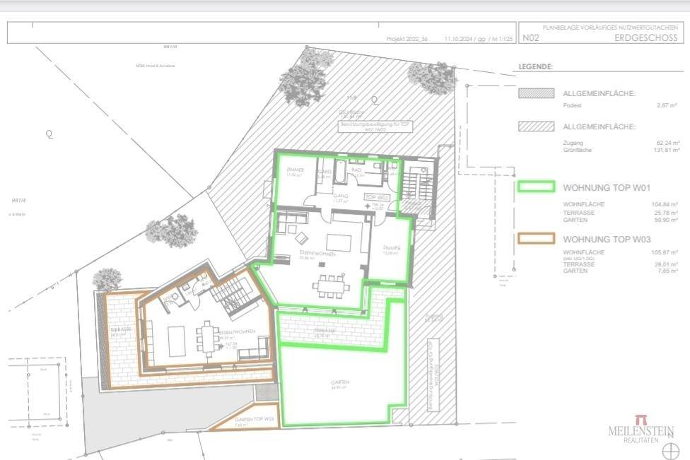 Grundriss des Erdgeschosses mit offenem Wohnbereich, Terrassen und Gartenflächen.