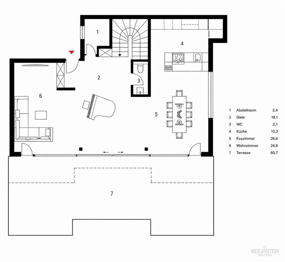 Grundriss des Erdgeschosses mit offener Küche, Essbereich, Wohnzimmer und großer Terrasse.