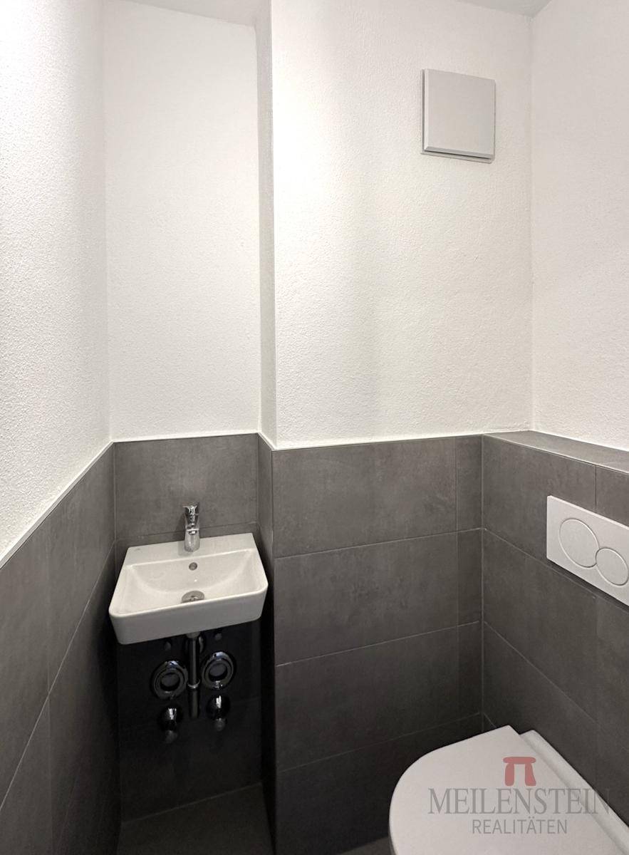 Modernes Gäste-WC mit grauen Fliesen, wandhängendem WC und kleinem Waschbecken.