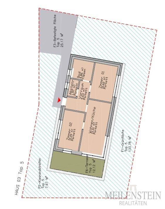 Grundriss einer Wohnung mit zwei Zimmern, offenem Wohnbereich, Bad und Terrasse.