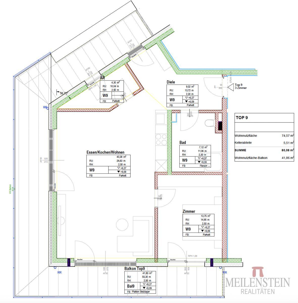 Detaillierter Grundriss der Wohnung Top 9 mit Flächenangaben und Raumaufteilung.