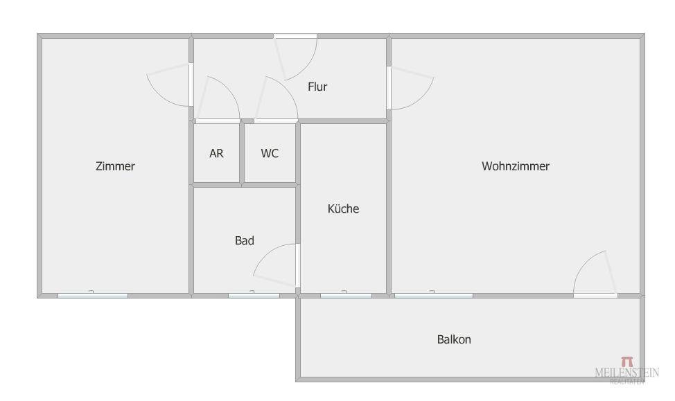Grundriss zeigt die Raumaufteilung mit Wohnzimmer, Schlafzimmer, Küche und Balkon.