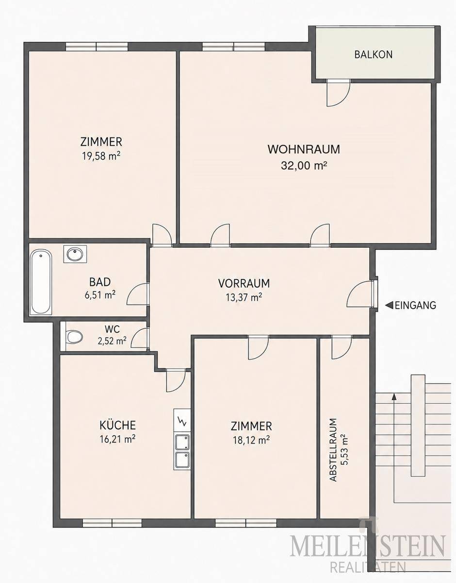 Übersichtlicher Grundriss der Wohnung mit klarer Raumaufteilung und großem Wohnbereich.