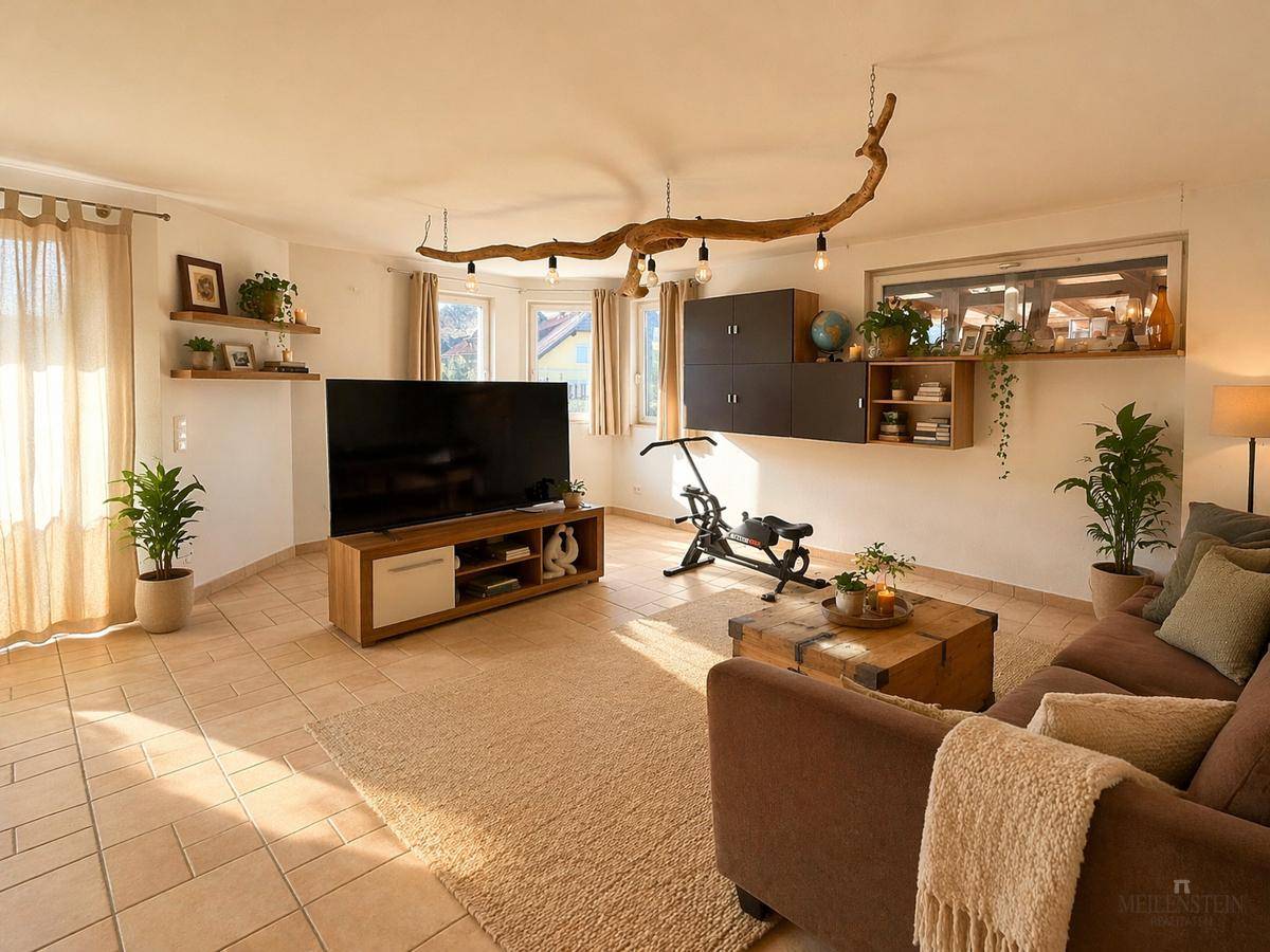 Gemütliches Wohnzimmer mit Fliesenboden, großem Sofa und einem einzigartigen Deckenlicht aus Holz.