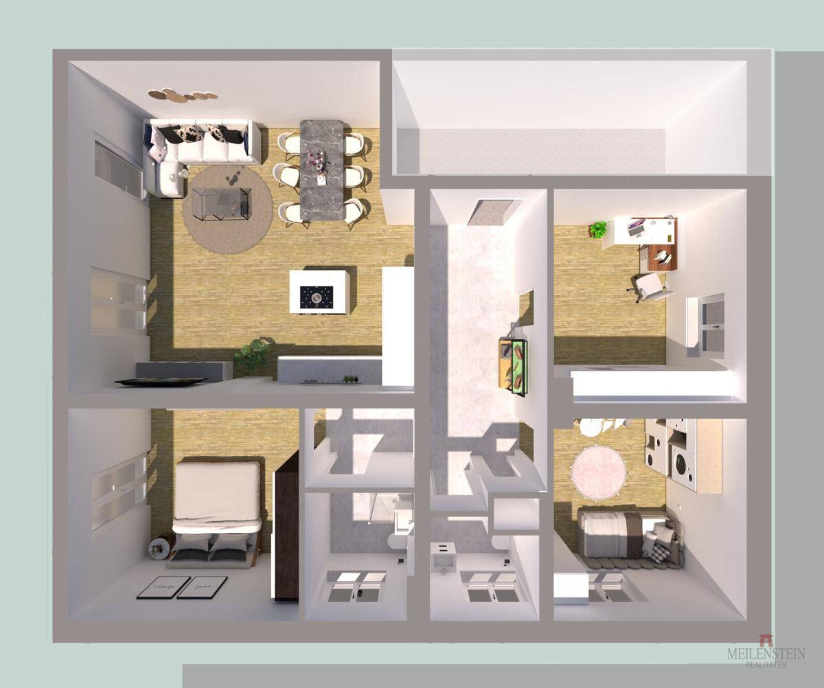 3D-Grundrissansicht der Wohneinheit mit offener Küche und mehreren Zimmern.