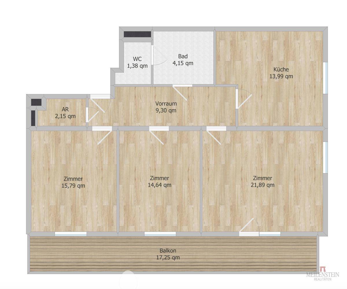Grundriss einer Wohnung mit drei Zimmern, Küche, Bad, WC und großem Balkon.