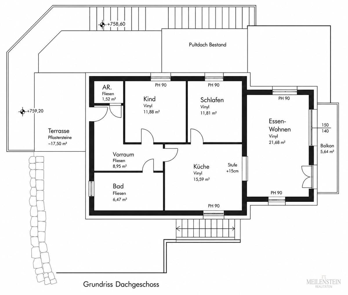 Grundriss des Dachgeschosses mit offenem Wohn-Essbereich, Küche, Bad, Schlafzimmern, Terrasse und Balkon.