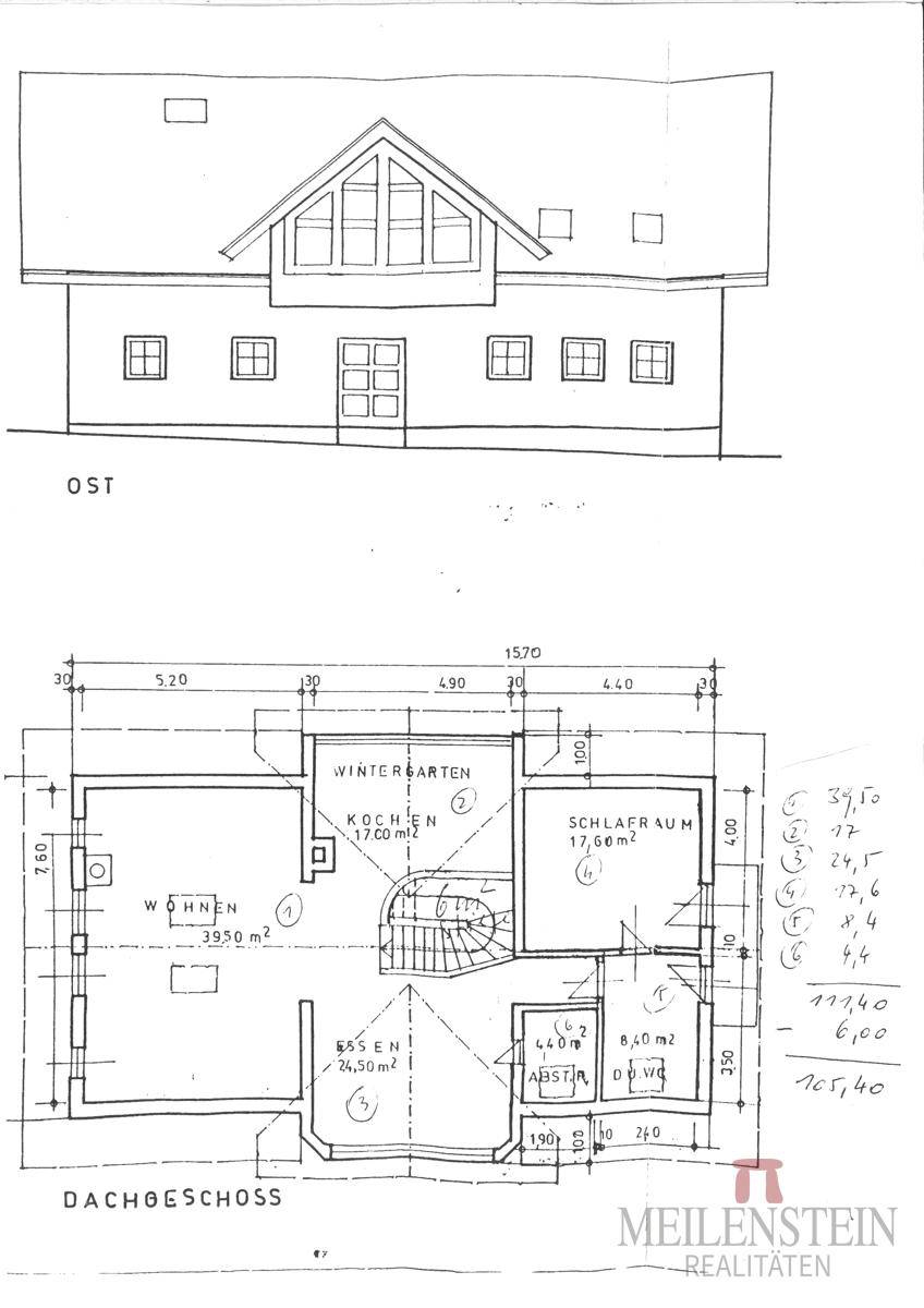 Grundriss des Dachgeschosses mit Wohnbereich, Wintergarten und Schlafzimmer.