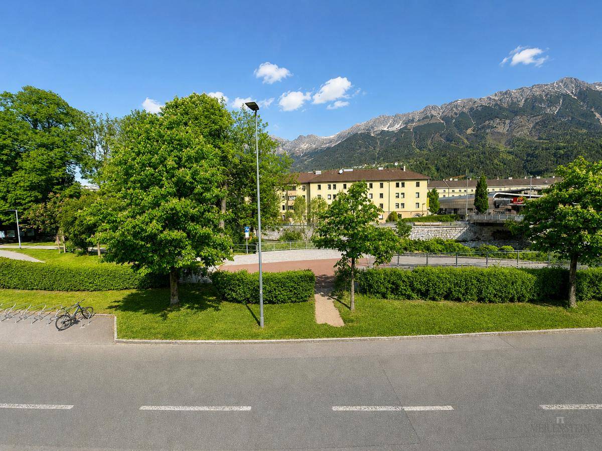 Straßenansicht mit viel Grün, Bäumen und Gebäuden, umgeben von einer beeindruckenden Bergkulisse.
