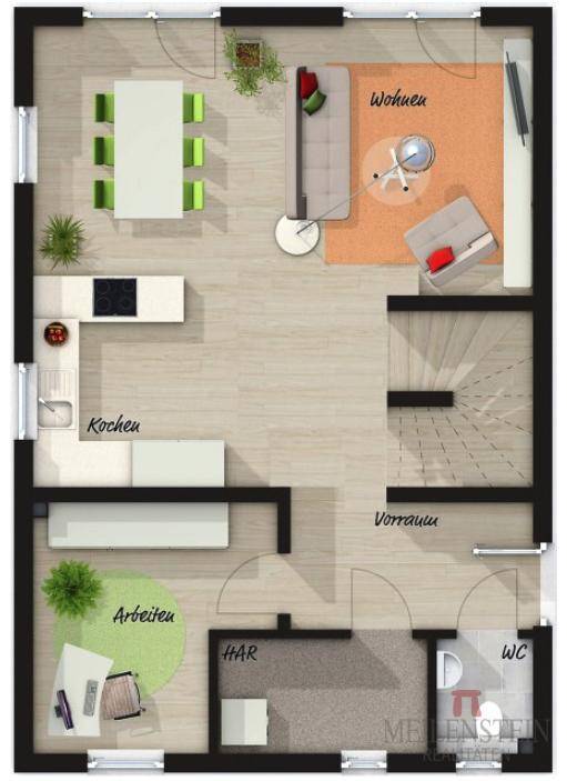 Grundriss des Erdgeschosses mit offenem Wohnbereich, Küche, Essbereich und separatem Arbeitszimmer.