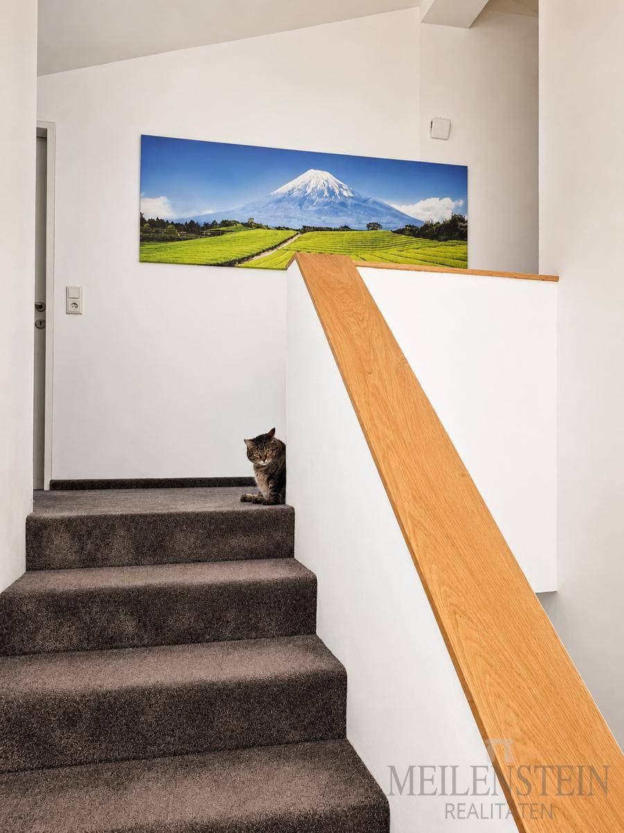 Treppenaufgang mit Teppichboden und Holzgeländer, geschmückt mit einem beeindruckenden Bergbild.