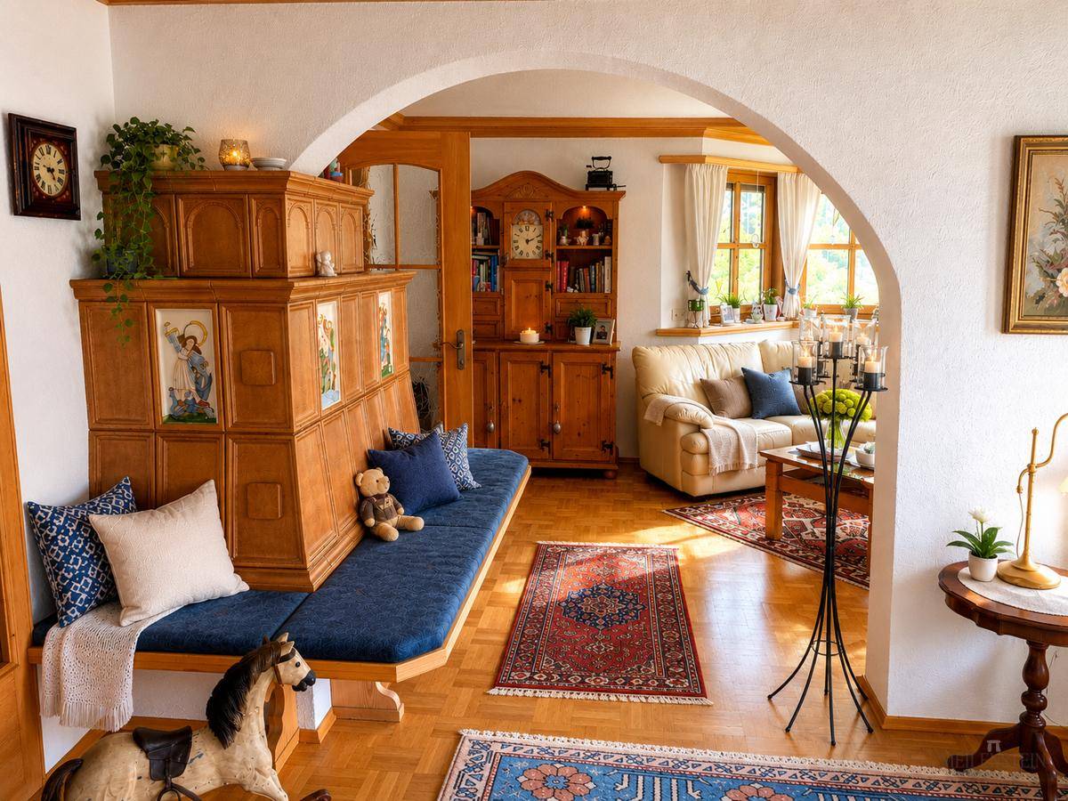 Geräumiger Wohnbereich mit Kachelofen, Holzboden und einem Durchgang zu einem weiteren Wohnzimmer.
