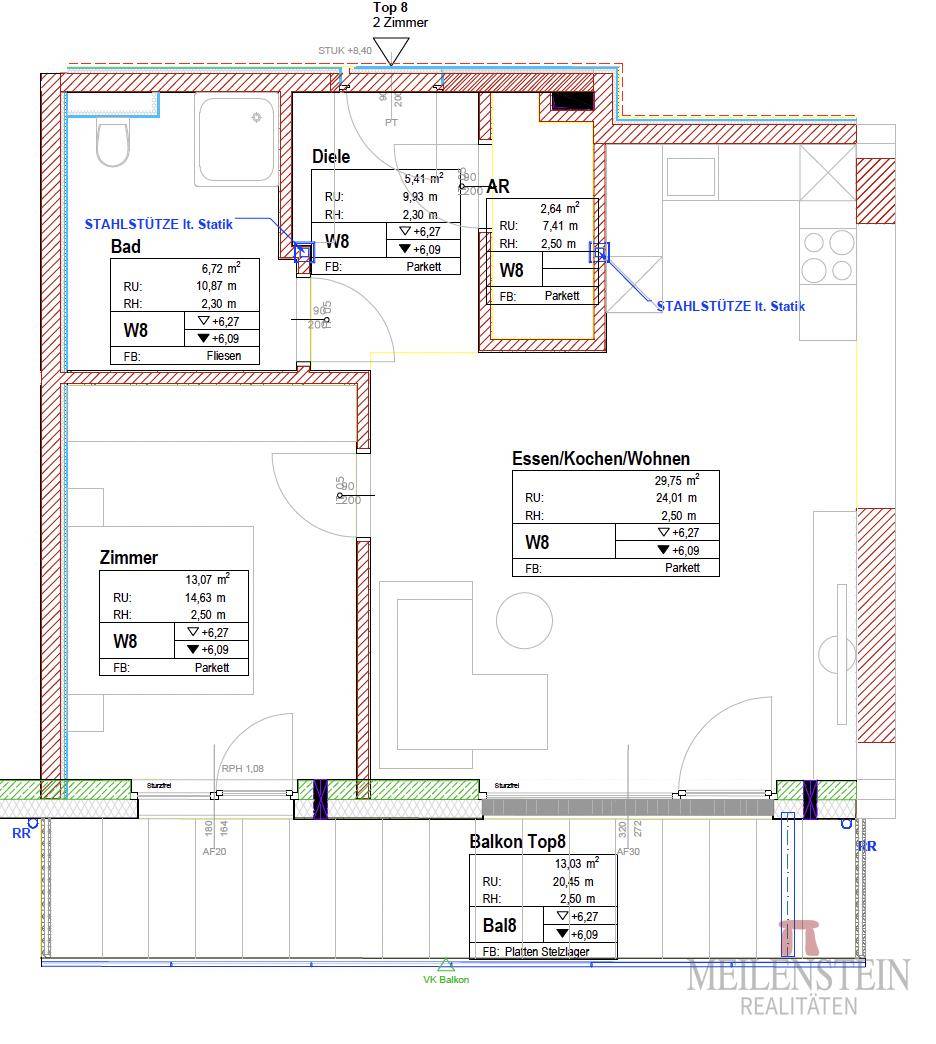 Detaillierter Grundriss einer 2-Zimmer-Wohnung mit Balkon und separatem Bad.