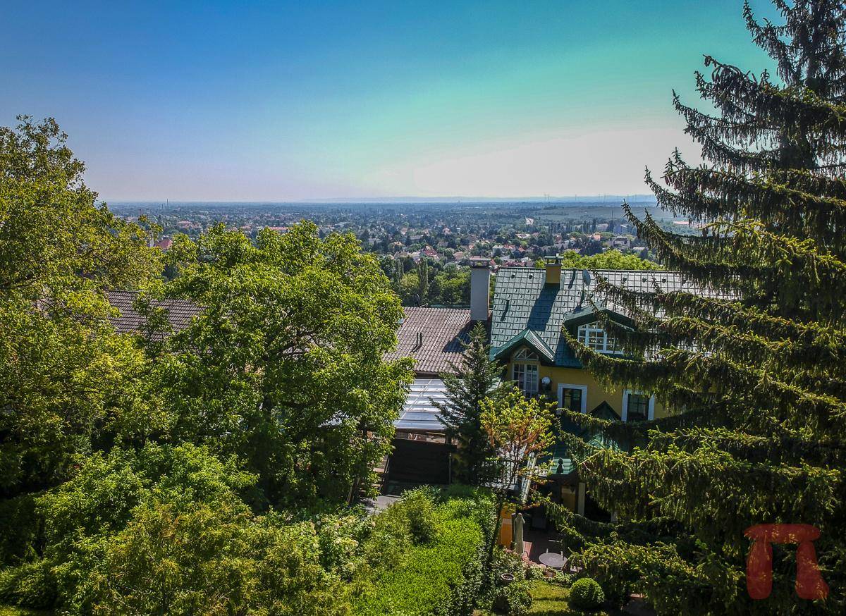 Luftaufnahme des Hauses mit umliegender grüner Landschaft und Stadtblick in der Ferne.
