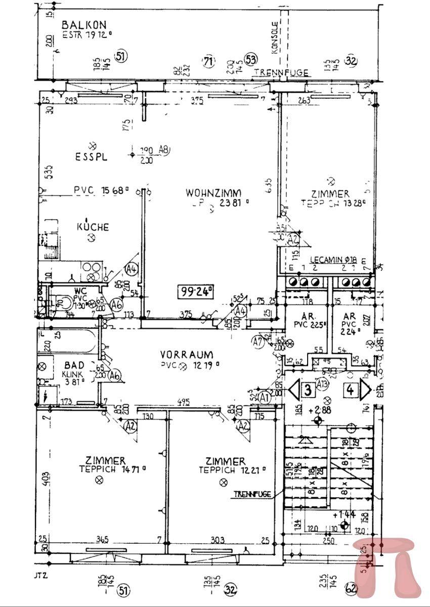 Detaillierter Grundriss der Wohnung mit Zimmeraufteilung, Balkon und separatem Abstellraum.