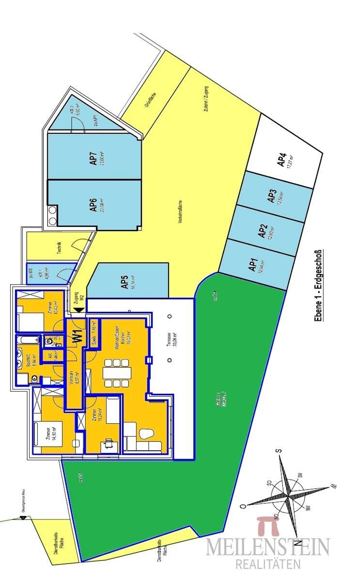 Grundriss des Erdgeschosses mit einer Wohneinheit, Terrasse, Garten und Parkplätzen.