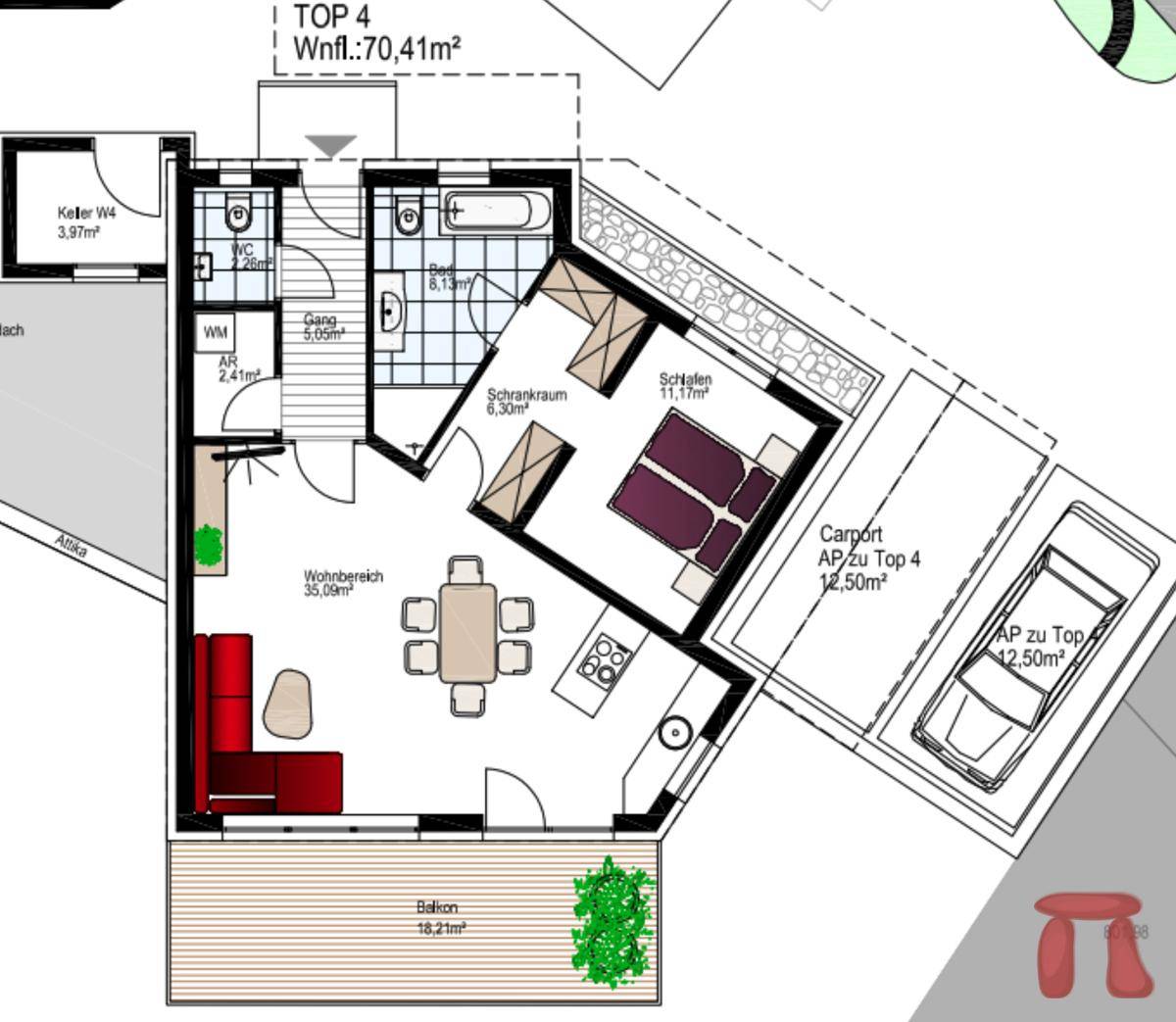 Grundriss der Wohnung Top 4 mit Wohnbereich, Schlafzimmer und Balkon.