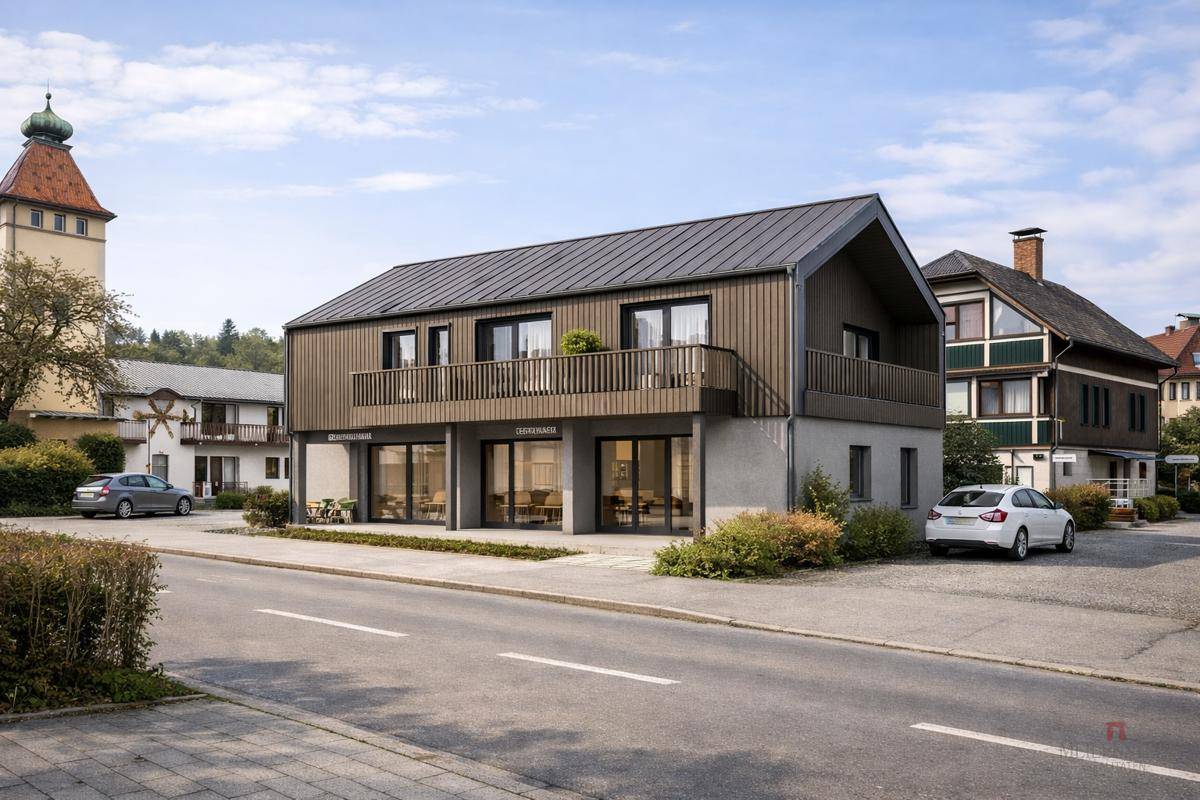 Moderne Architektur eines Geschäfts- und Wohnhauses mit Holzfassade, Balkonen und großen Glasfronten an einer Straße.