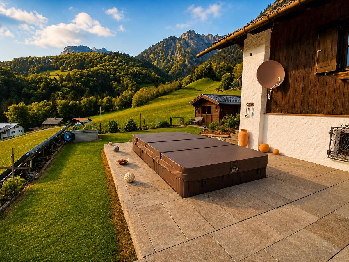 Große Terrasse mit Whirlpool, Liegewiese und weitem Blick auf die umliegende Berglandschaft.