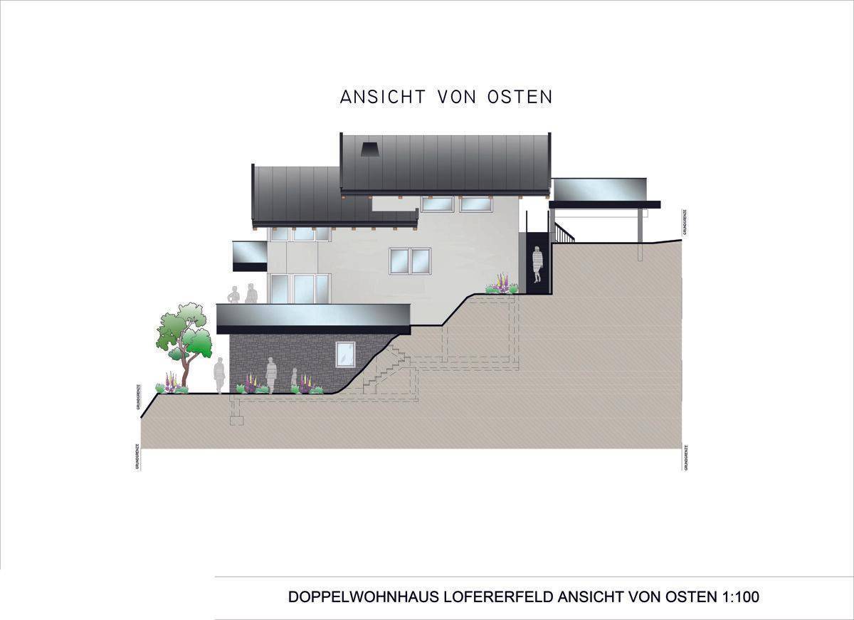 Architektonische Ansicht von Osten eines Doppelwohnhauses mit Hanglage.
