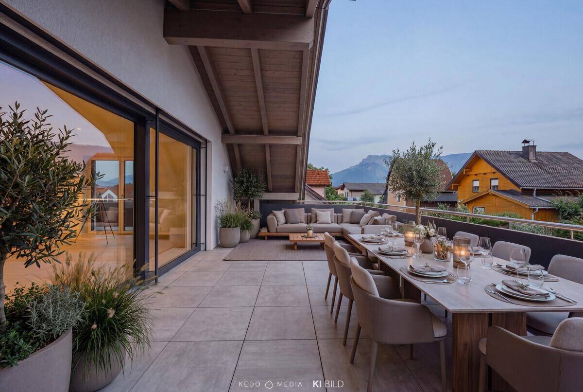 Großzügige, möblierte Terrasse mit Essbereich und Lounge-Möbeln, bietet einen weiten Blick auf die Berge.